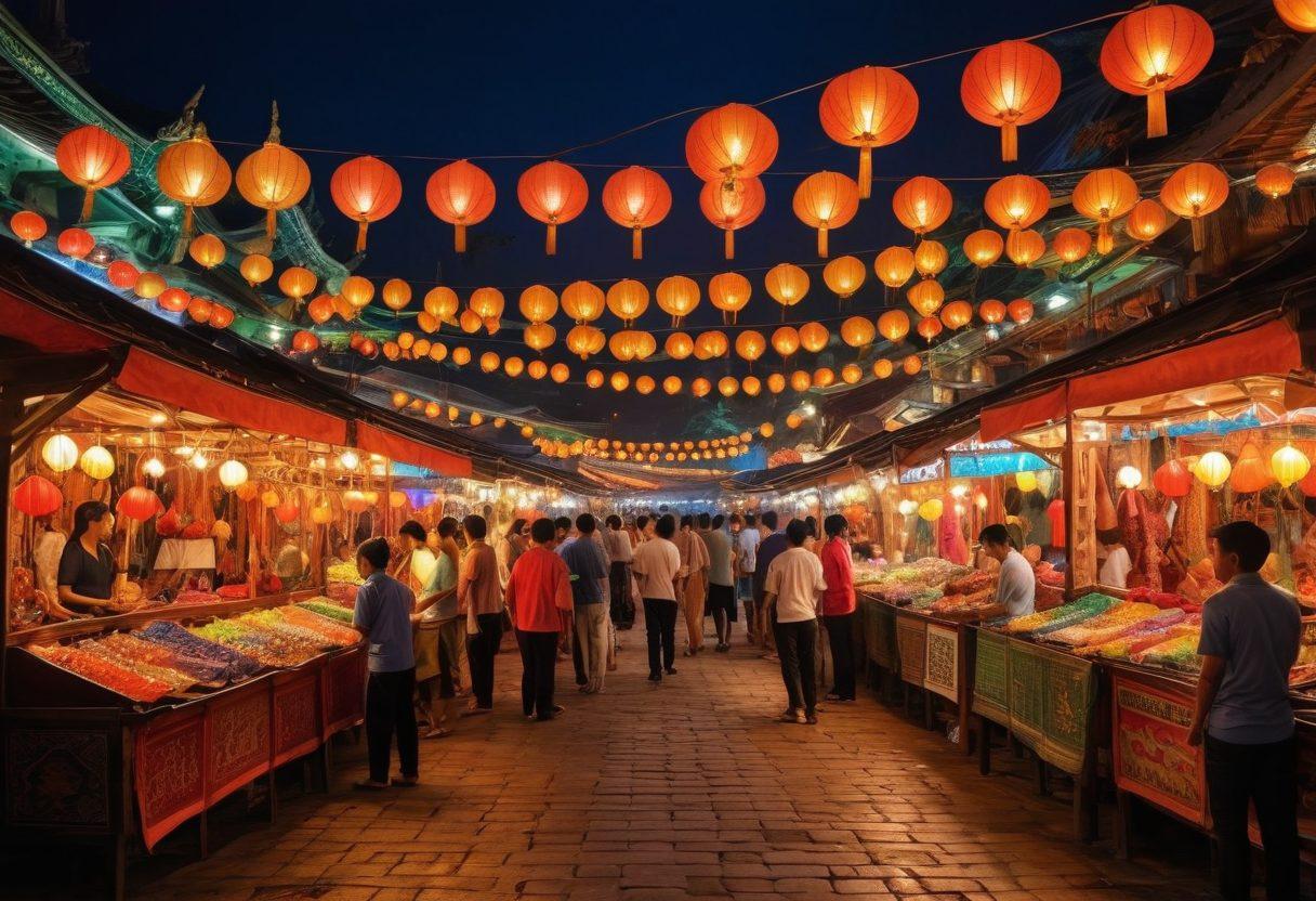 A lively scene depicting diverse Southeast Asian culture, with cheerful people placing bets on colorful market stalls filled with traditional games and sports events. Bright lanterns and festive decorations set a joyful atmosphere, capturing the excitement of wagering. In the background, iconic Southeast Asian landmarks create depth and connection to the region's essence. The image should radiate happiness and camaraderie among the bettors. vibrant colors. super-realistic.