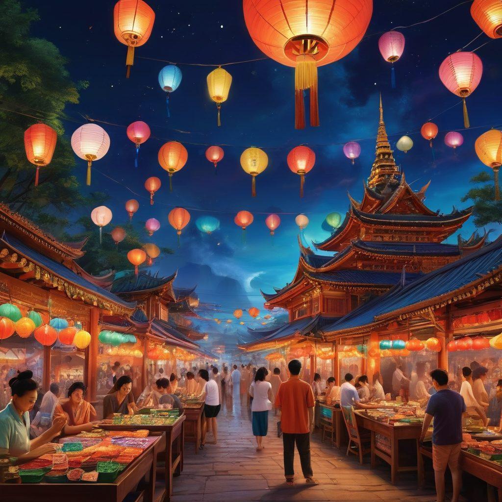 A vibrant scene depicting diverse Southeast Asian landscapes, featuring people of various cultures joyfully engaging in recreational gambling activities. Include iconic landmarks like temples and street markets, with colorful lanterns illuminating the night sky. Show a festive atmosphere with laughter and celebration, highlighting the joy and thrill of gambling. super-realistic. vibrant colors. night-time setting.