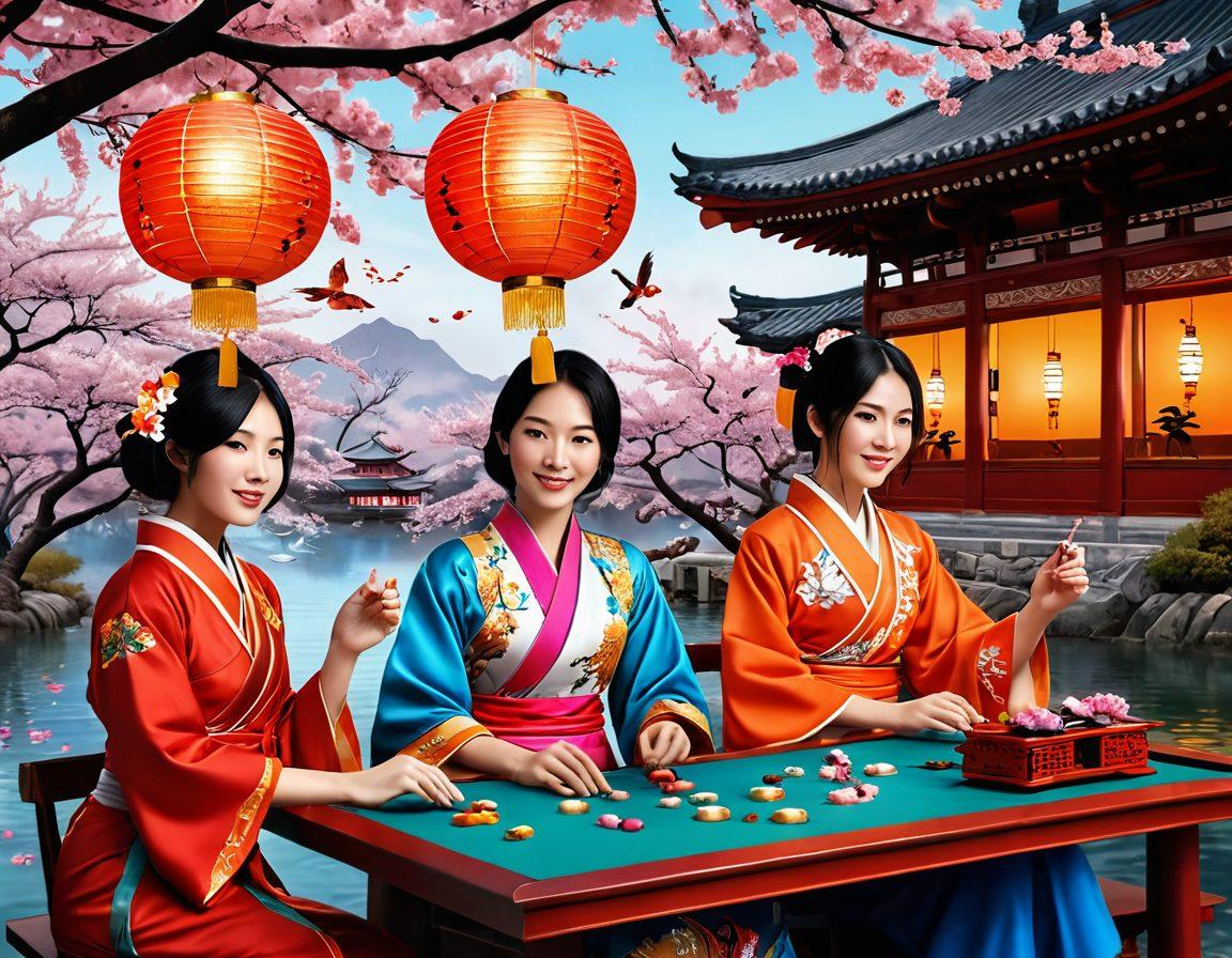 A vibrant digital collage showcasing joyful individuals engaged in online gaming, set against a backdrop of iconic Eastern cultural elements like cherry blossoms and traditional lanterns. Incorporate symbols of luck, such as koi fish and dragons, alongside modern gaming paraphernalia. The color palette should be bright and inviting, with a sense of movement and excitement. super-realistic. vibrant colors. intricate details.